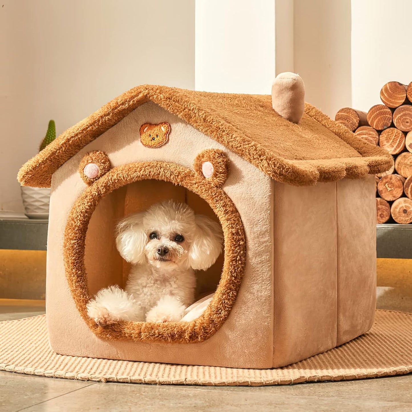 Niche-pour-Chat-exterieur-marron-caniche-blanc