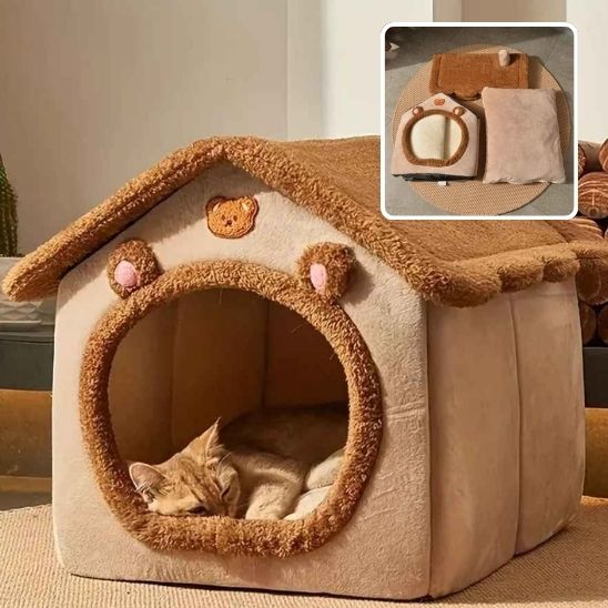 Niche-pour-Chat-exterieur-marron-petit-chat-sieste-avec-puce
