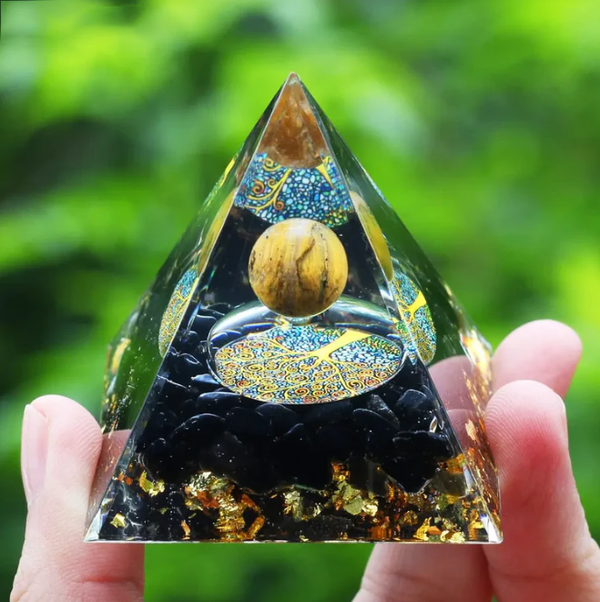 Pyramide Orgonite Sphère Oeil de Tigre / Arbre de Vie / Obsidienne