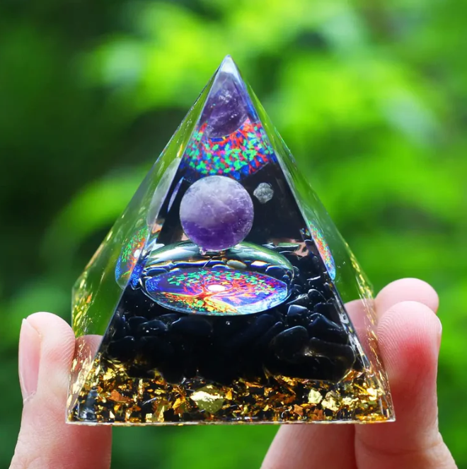 Pyramide Orgonite Sphère Améthyste / Arbre de Vie / Obsidienne