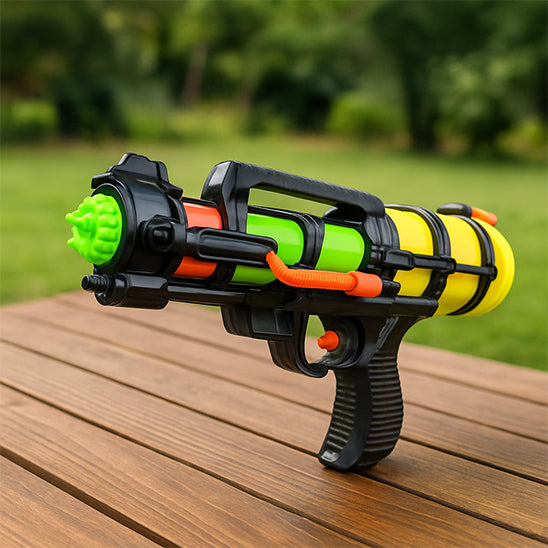 Pistolet a eau jaune fond jardin