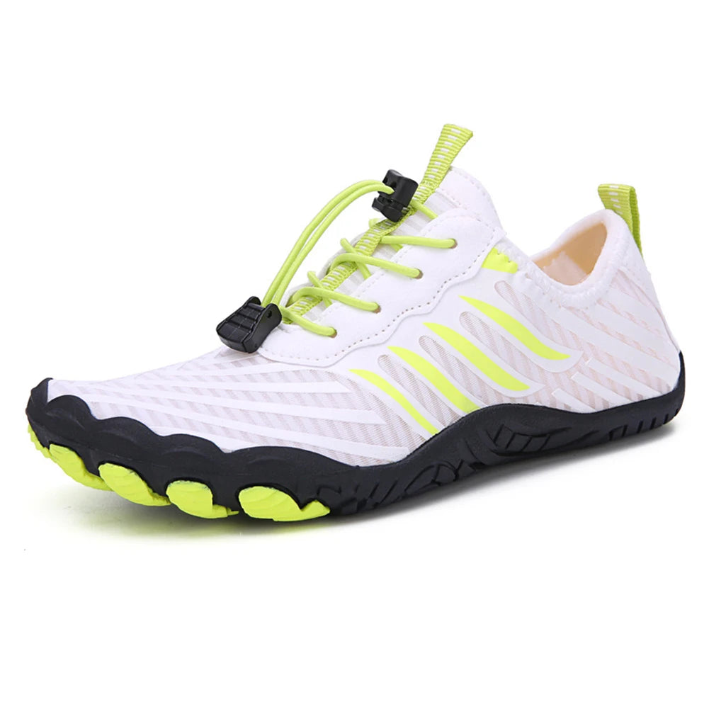 chaussures-pieds-nu-sport-blanche-vert-fluo-noir-semelle