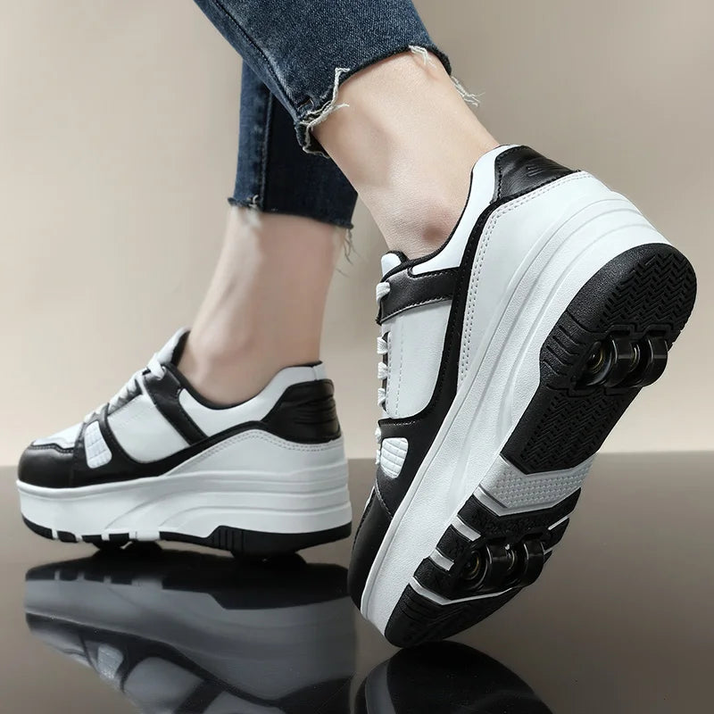 roller enfant noir et blanc vue arriere