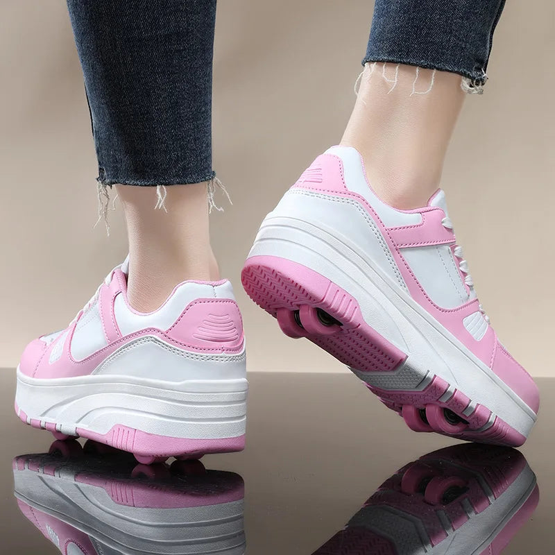 roller enfant rose et blanc vue arriere